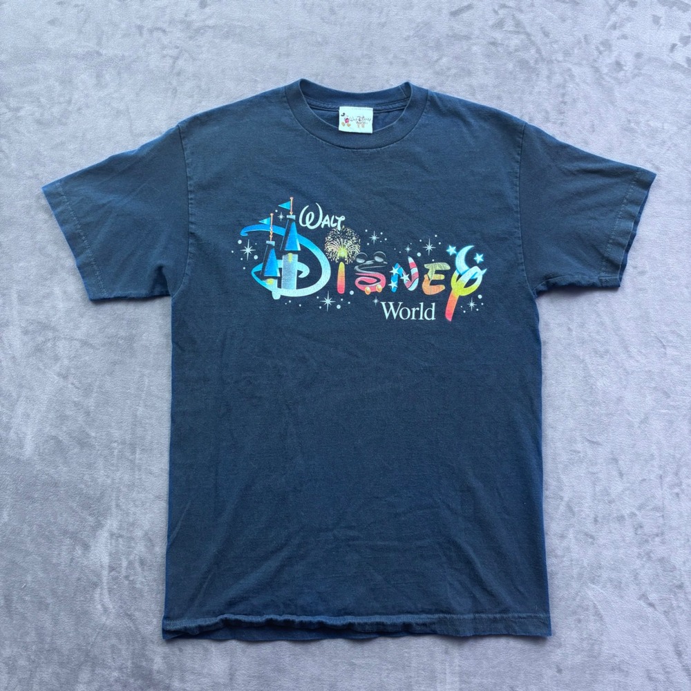 Vtg Walt Disney World Graphic T-Shirt Navy Blue Mickey Castle Logo Medium